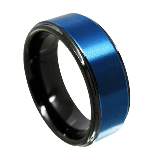 Bague bleue pour hommes, pour mariage, fiançailles, anniversaire, tungstène noir poli de 8 mm, dans toutes les tailles