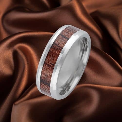 bague en bois avec bande en titane argenté pour homme