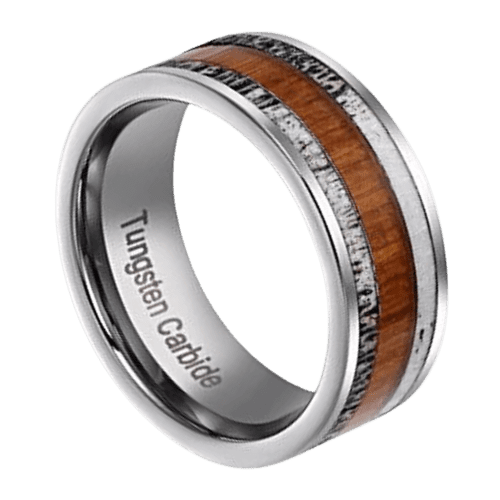 Bague en carbure de tungstène argenté pour homme avec bois naturel et os de bois de cerf
