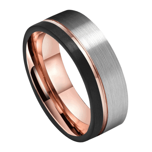 Bague en tungstène pour hommes avec argent brossé, or rose poli et noir mat pour anniversaire de mariage ou fiançailles