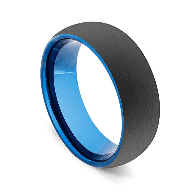 Bague en tungstène noir mat brossé pour hommes avec bord et intérieur bleus