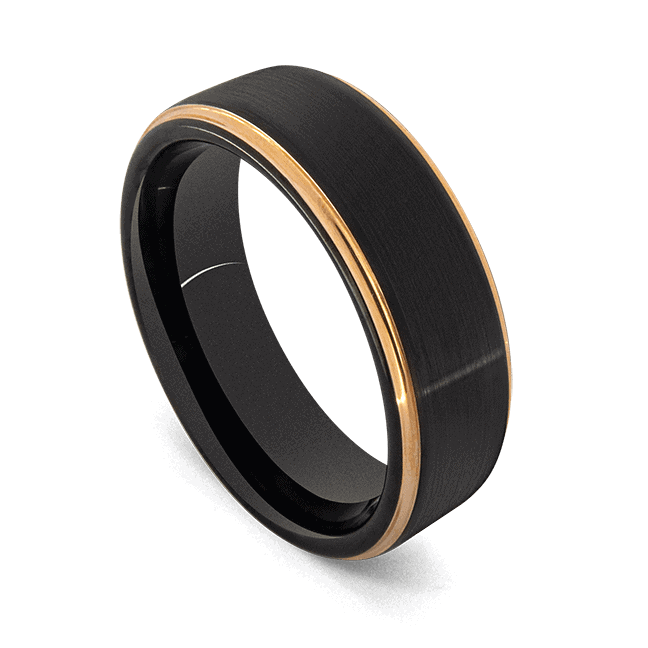 Chase - Bague en tungstène noir avec rainure en or rose sur les jantes