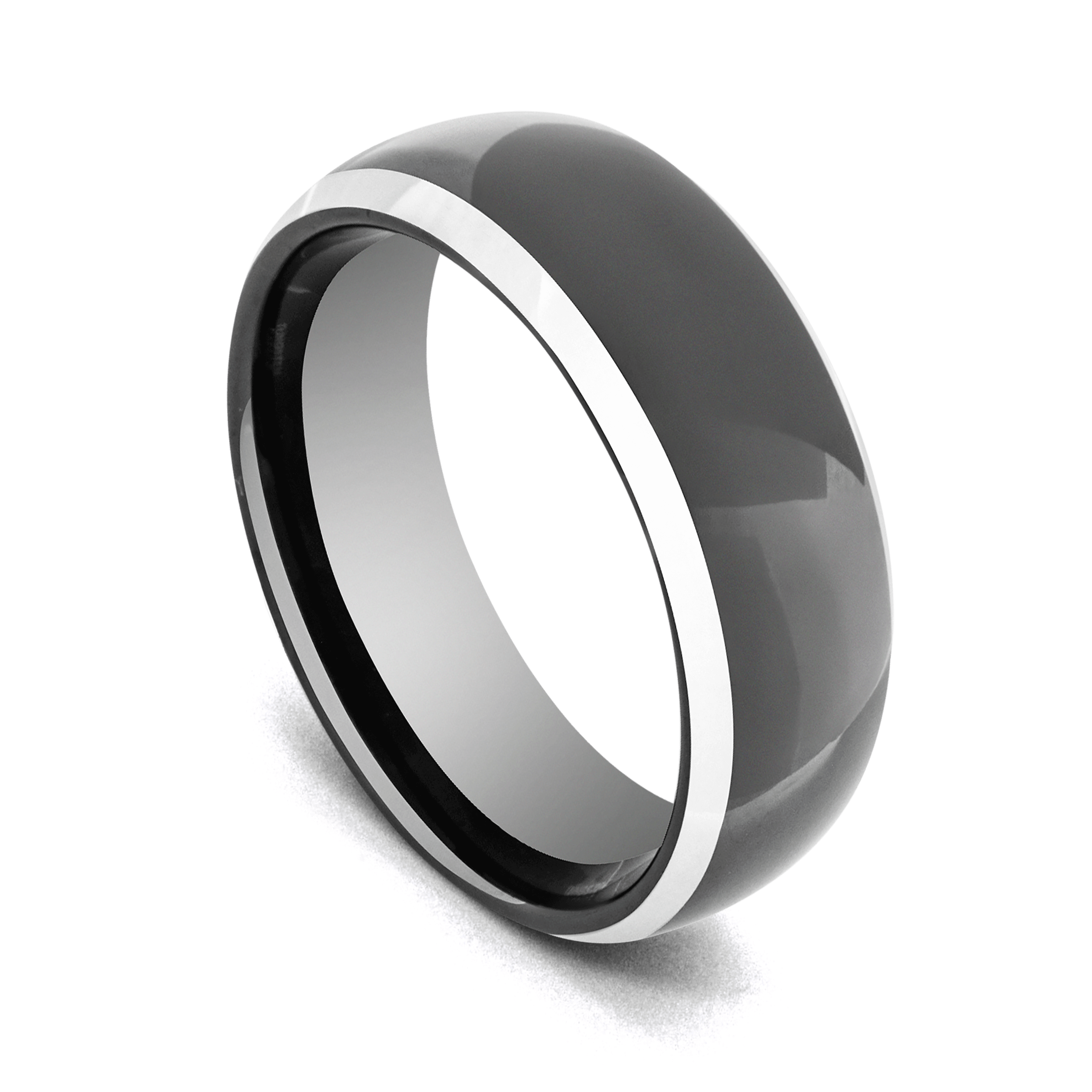 Bague en tungstène noir brillant avec bords argentés