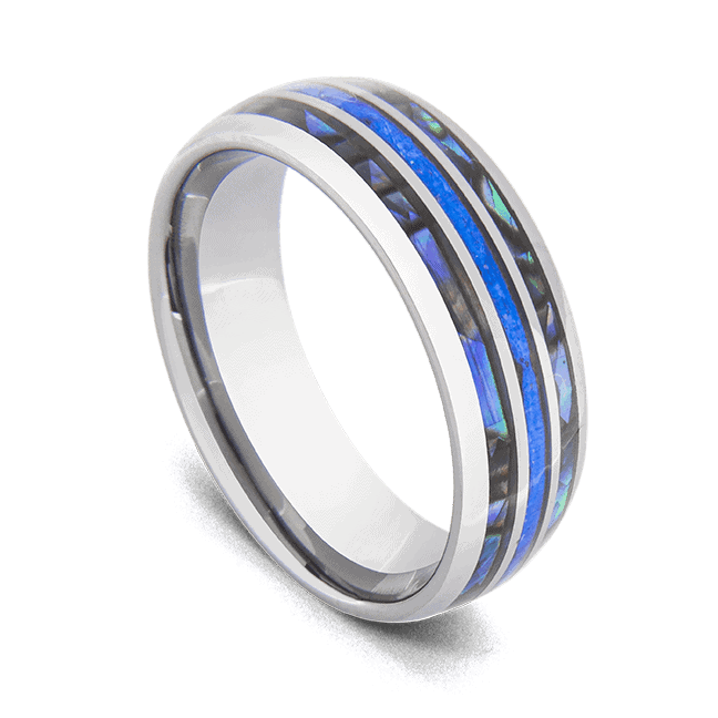 Bague en tungstène pour hommes - Argent avec opale de feu bleue et coquille d'ormeau