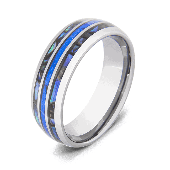 Bague en tungstène pour hommes avec incrustations d'opale de feu bleue et de coquille d'ormeau