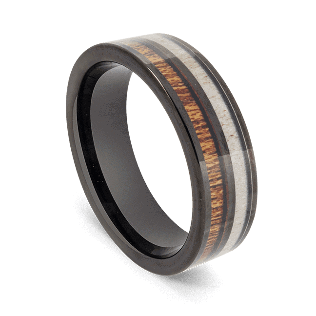 Bague en bois de cerf, bois de koa et carbure de tungstène noir pour homme