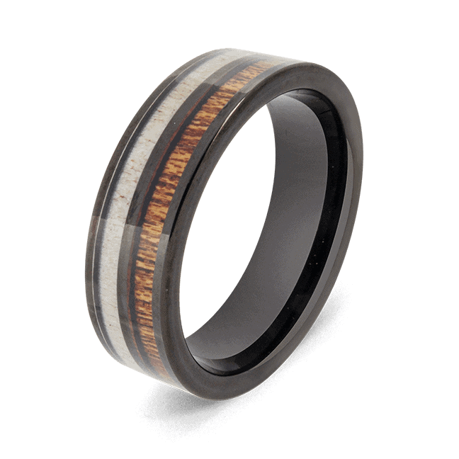 Bague noire pour hommes avec bois naturel et os de bois de cerf