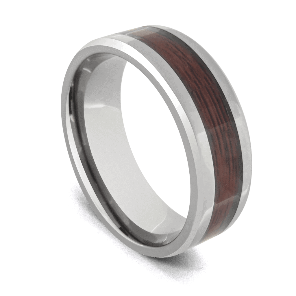 Bague pour homme en argent tungstène avec incrustation en bois naturel
