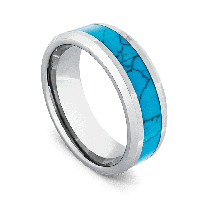 Bague en tungstène pour homme - Argent avec turquoise