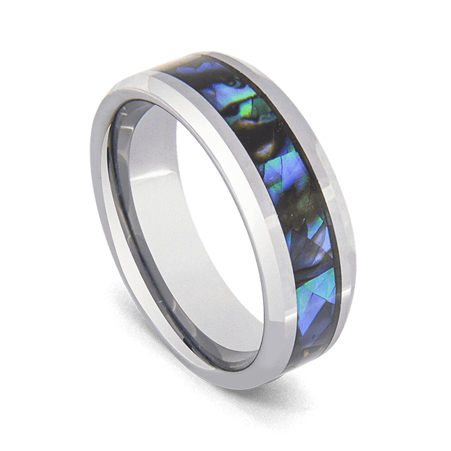 Bague en tungstène pour hommes avec incrustation de coquille d'ormeau