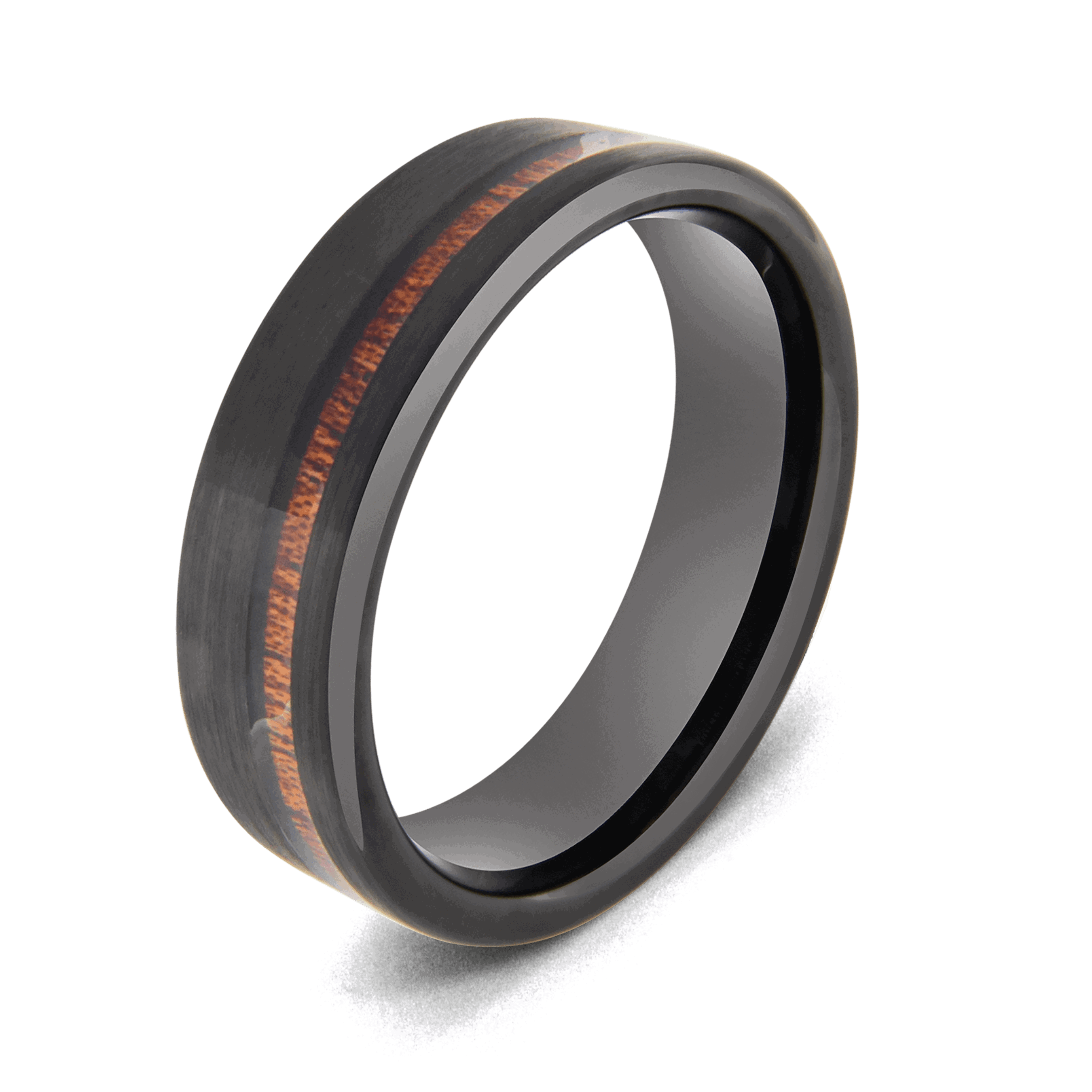 Bague noire pour hommes avec incrustation de bois naturel