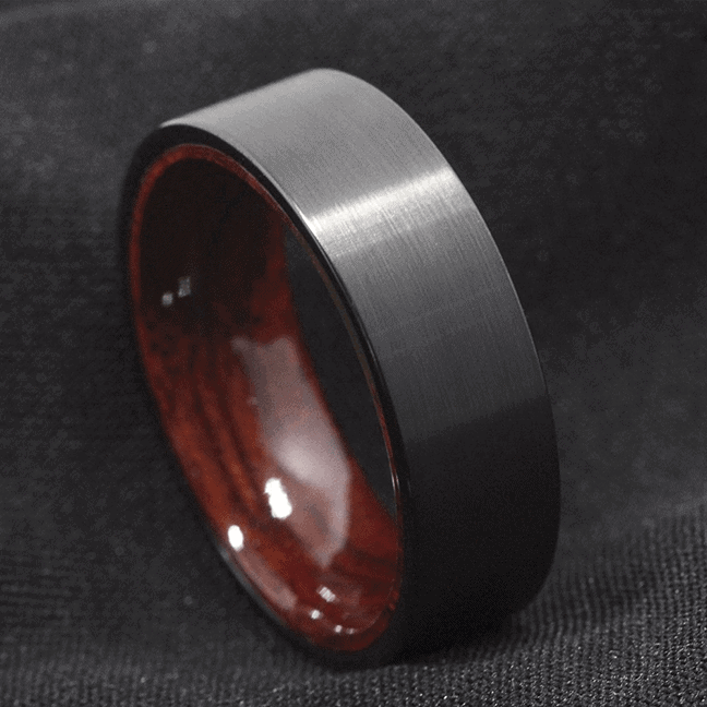 Bague en tungstène pour hommes - Noir brossé avec intérieur en bois naturel