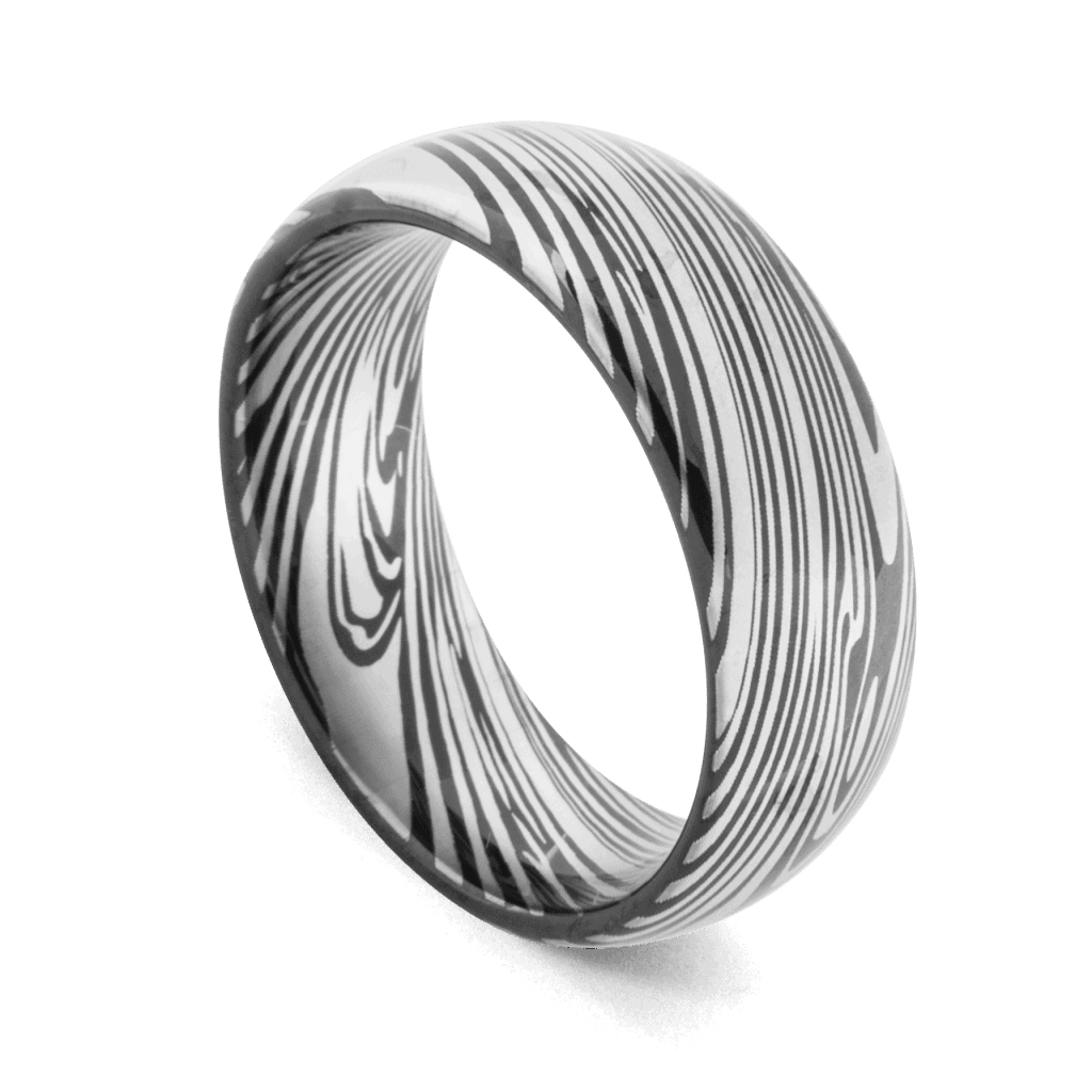 Bague Cascade - Bague en Carbure de Tungstène avec motif en acier Damas