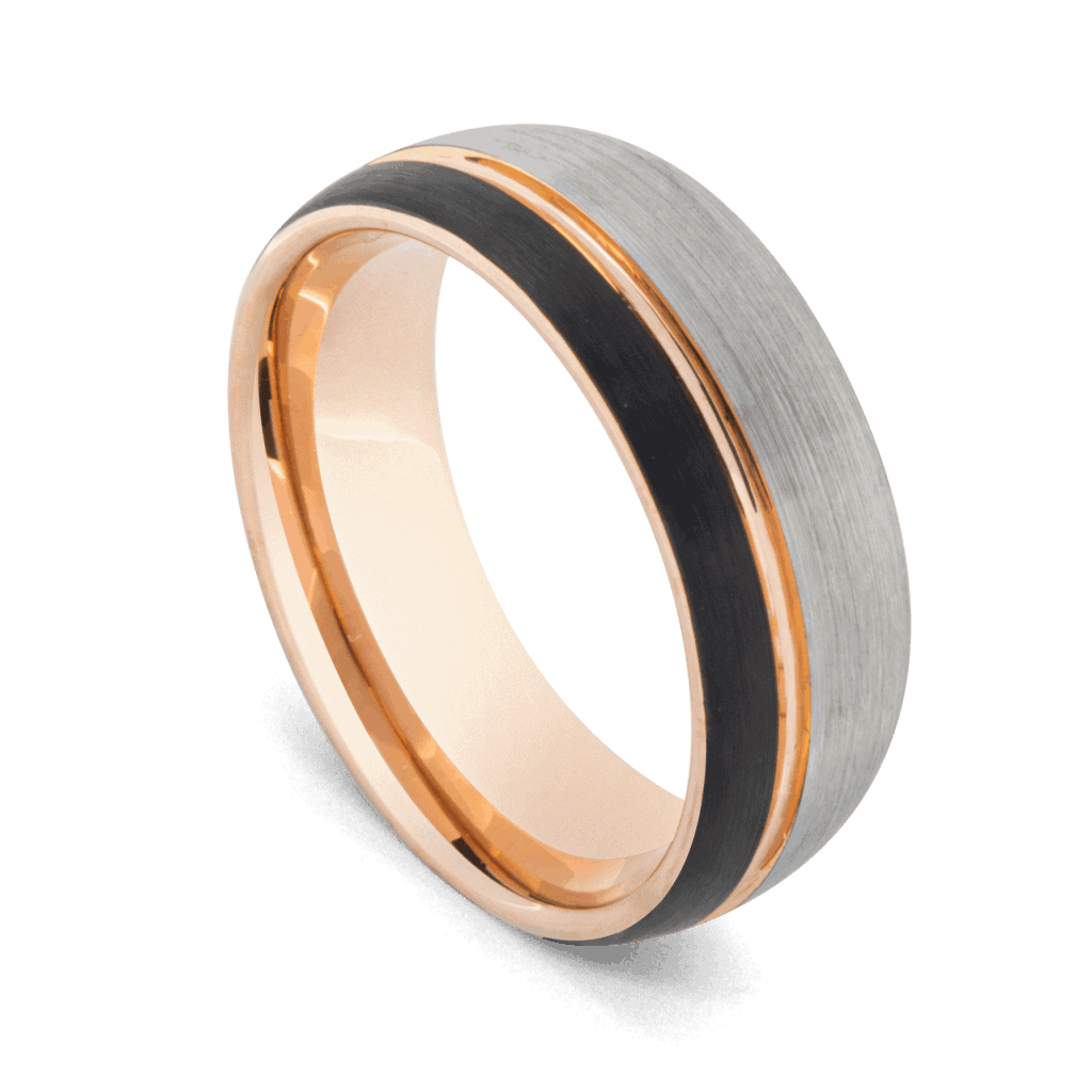 Bague érudite - Bague en tungstène pour homme avec argent brossé, or rose poli et noir mat