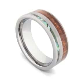 Bague en tungstène pour hommes en bois naturel, coquille d'ormeau et argent brossé