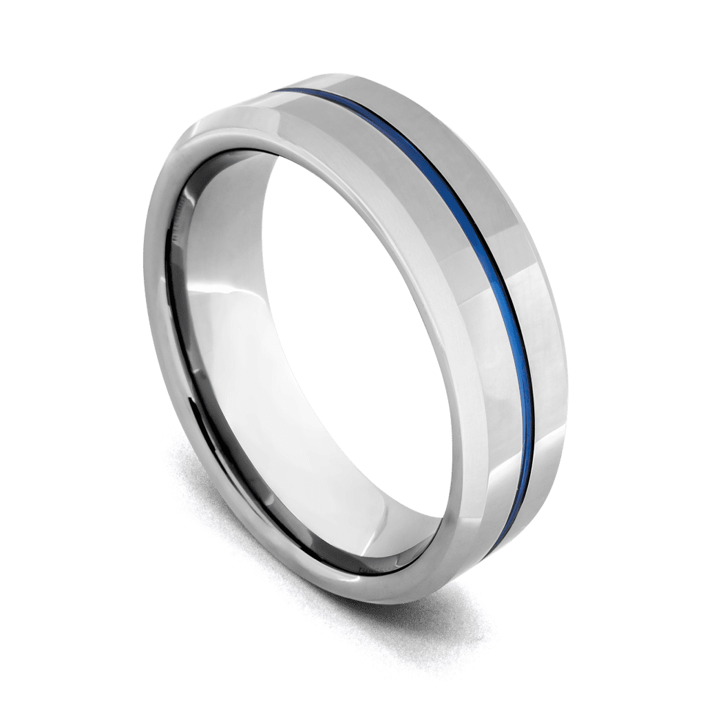 Bague en argent pour hommes, pour fiançailles, anniversaire de mariage, avec bande bleue de tunsgten