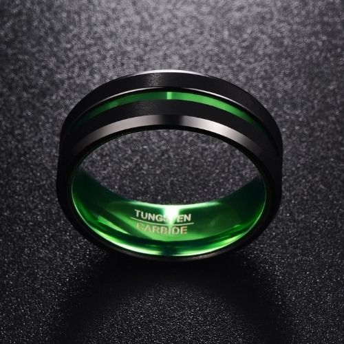 Bague en tungstène pour hommes - Noir avec vert