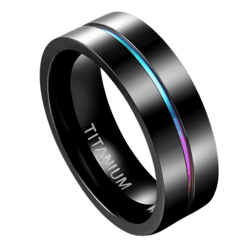 Bague en titane pour hommes - Noir avec rainure arc-en-ciel