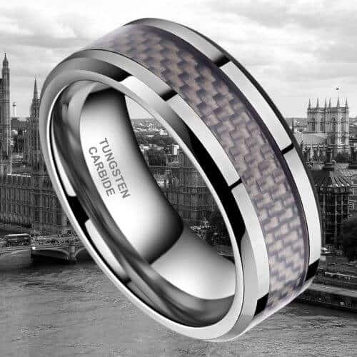 Bague en tungstène argenté pour homme - Incrustation en fibre de carbone