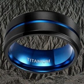 bague homme noire avec bande bleue 