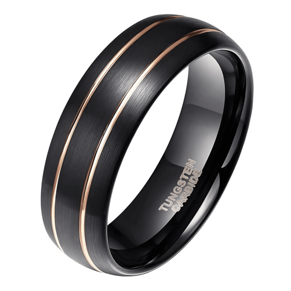 bague noire avec deux fines bandes dorées Devotion tungstène 8mm pour homme