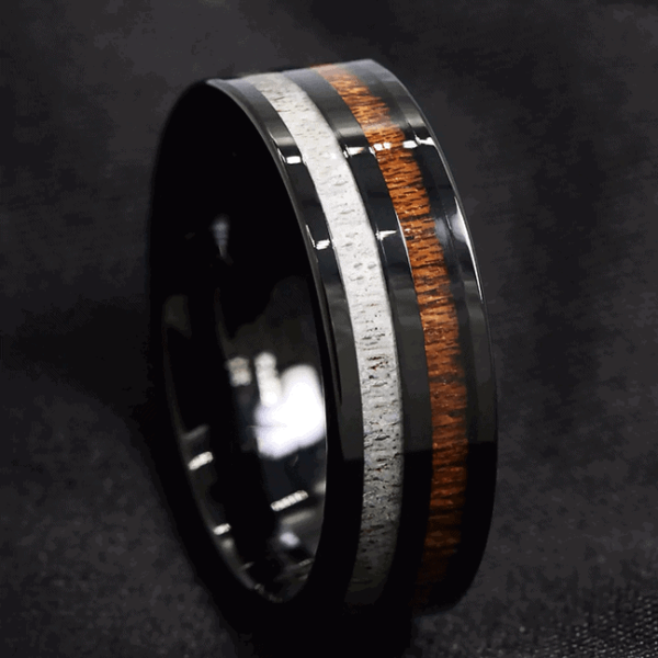 Bague Buck Black avec incrustation de bois et de bois en tungstène dans toutes les tailles