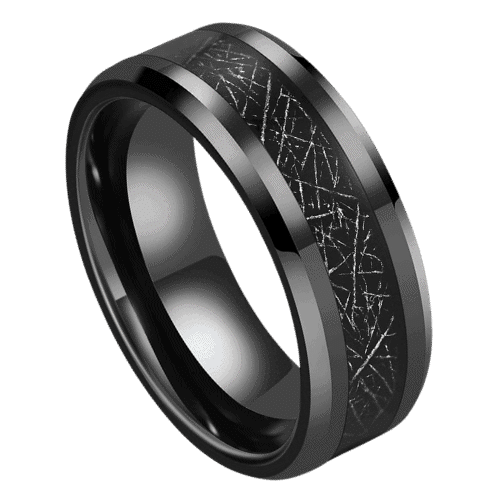 Fireball – Men’s Tungsten Ring – Black with Faux Meteorite 6mm or 8mm