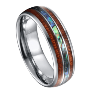 bague en argent pour hommes avec bois et coquillage. Bande de tungstène de 8 mm parfaite pour un anniversaire de mariage ou des fiançailles. dans toutes les tailles