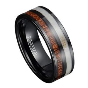 bague en bois de cerf pour homme en tungstène noir 8 mm. Parfait pour un anniversaire d'alliance ou des fiançailles