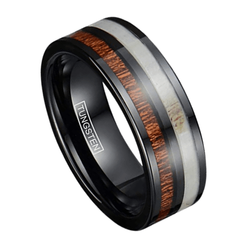 bague en bois de cerf pour homme en tungstène noir 8 mm. Parfait pour un anniversaire d'alliance ou des fiançailles