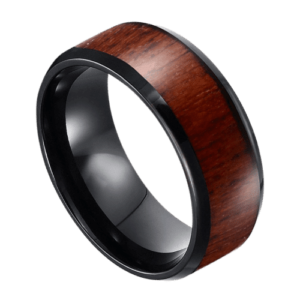bague en bois pour hommes avec tungstène noir 8 mm. Parfait pour des fiançailles de mariage ou un groupe d’anniversaire.