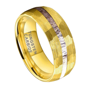 Bague en tungstène pour homme martelée en or avec incrustation de bois de cerf