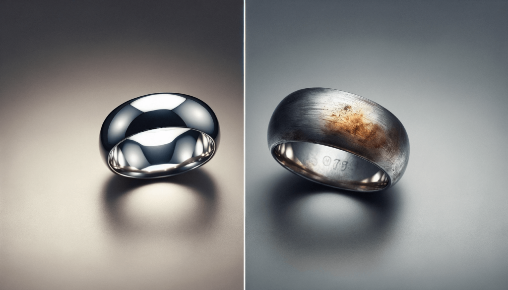 Une bague en argent neuve et brillante à côté d'une bague en argent ternie sur un fond neutre.