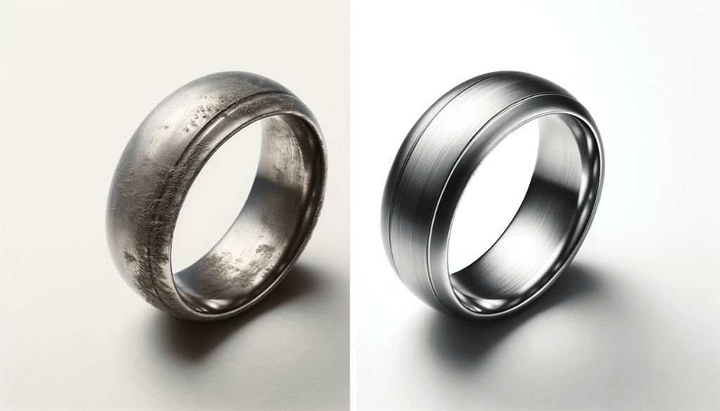 Image montrant une bague en titane avant et après le nettoyage.