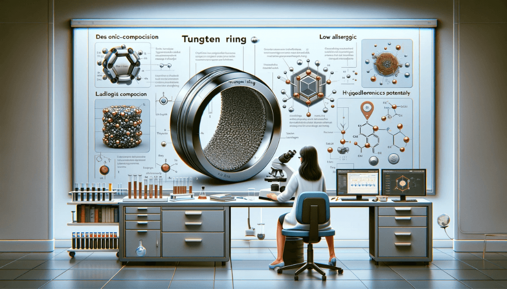 Hispanic female researcher analyzing the allergenic potential of tungsten rings in a laboratory with microscope and test tubes.