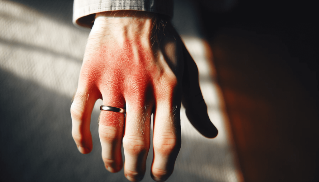 Gros plan d'une main présentant une éruption cutanée visible à l'endroit où une bague est habituellement portée. Inconvénients des bagues en argent