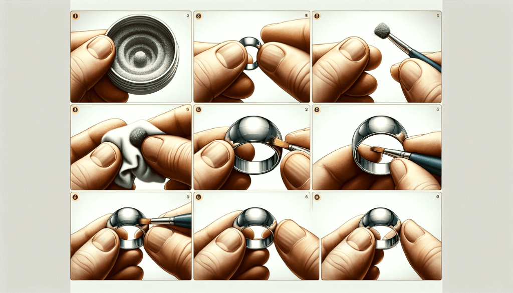 Guide visuel grand angle montrant l'application de pâte à polir sur une bague en tungstène, avec une main tenant la pâte, l'appliquant sur la bague, puis la polissant avec un chiffon.