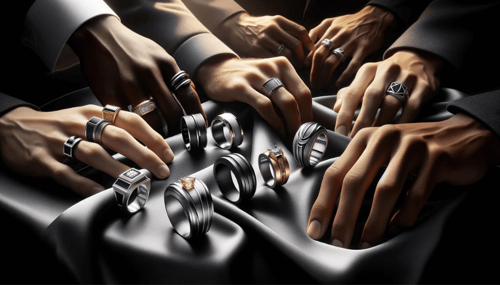  Elegant display of hypoallergenic men's rings on black velvet cloth, featuring rings made of platinum, titanium, and ceramic with sophisticated designs and lighting highlighting their unique features.