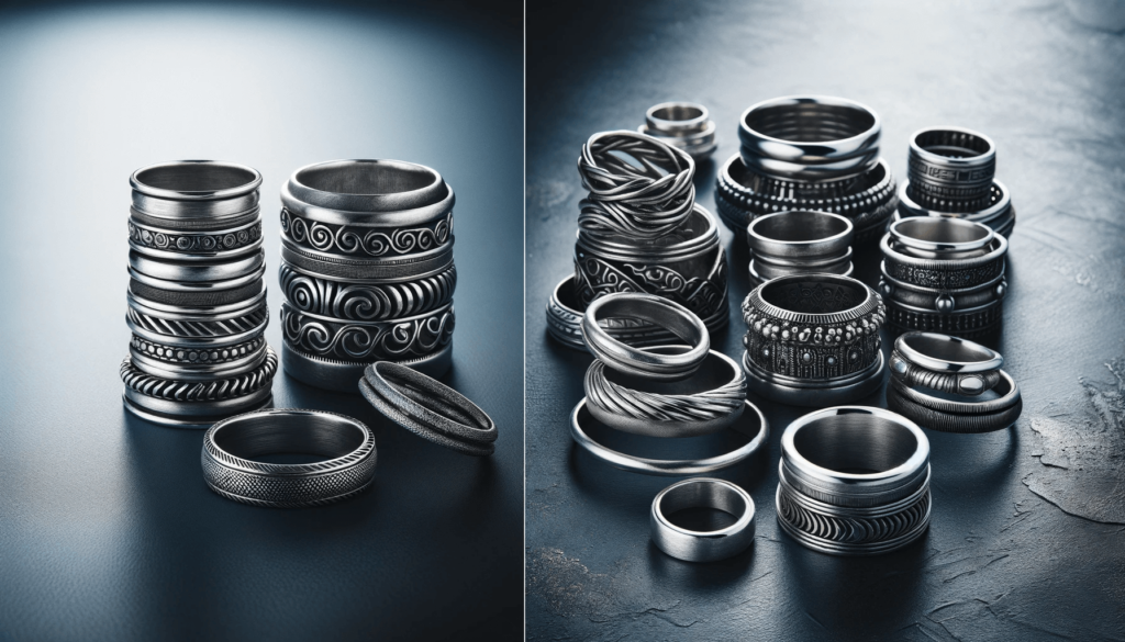 Collection de bagues en argent de différentes largeurs sur un fond sombre.