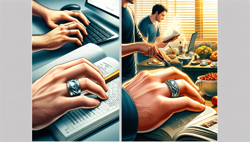 Bague en argent sur une main pratiquant une activité de loisir telle que la lecture d'un livre.