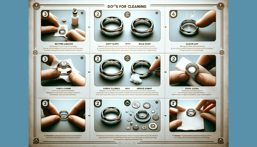 A wide-angle photo sequence showing the cleaning process of a tungsten ring, from the ring before cleaning, gathering supplies, wiping the ring, to the final gleaming result.