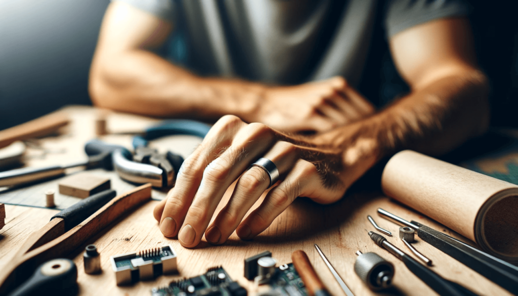  Vue rapprochée de la main d'un homme portant une bague en argent, au milieu de composants électroniques.