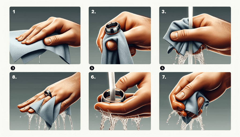A wide-angle step-by-step visual guide showing a hand holding a tungsten ring, then wrapping and wiping it with a cloth, set against a clean background.