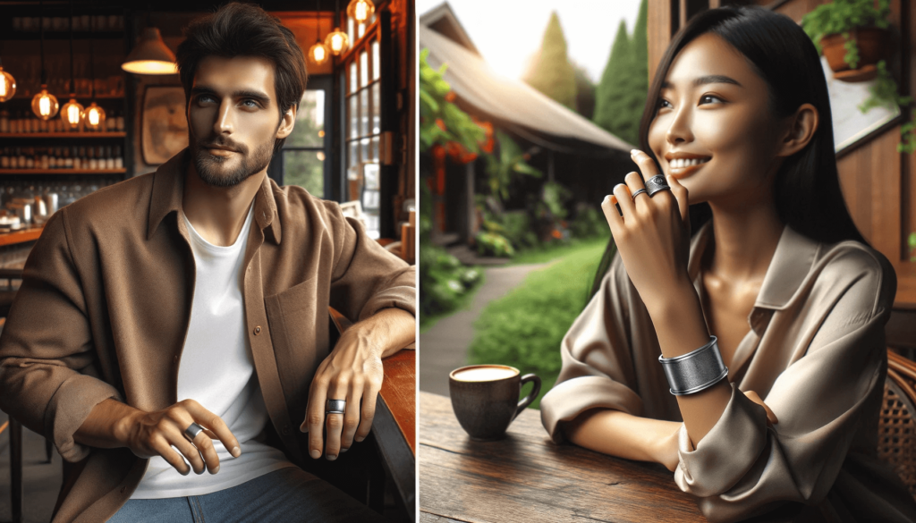 Une femme asiatique se prélassant dans un jardin luxuriant, portant une tenue décontractée et une bague en argent magnifiquement conçue, souriant doucement avec sa main levée sur son menton. Avantages des bagues en argent.