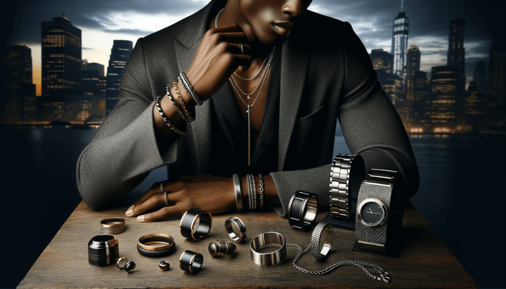 Elegant display of men's hypoallergenic jewelry on a dark wooden surface, including necklaces, bracelets, and rings made of titanium, stainless steel, and ceramic.
