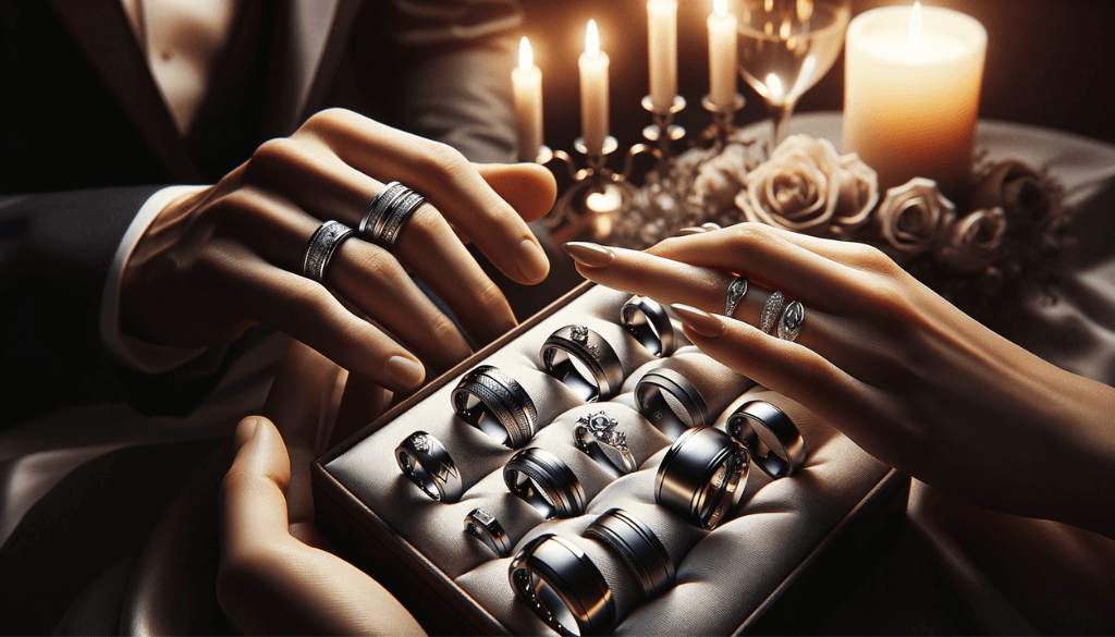 Couple exchanging tungsten carbide rings during a candlelit dinner.