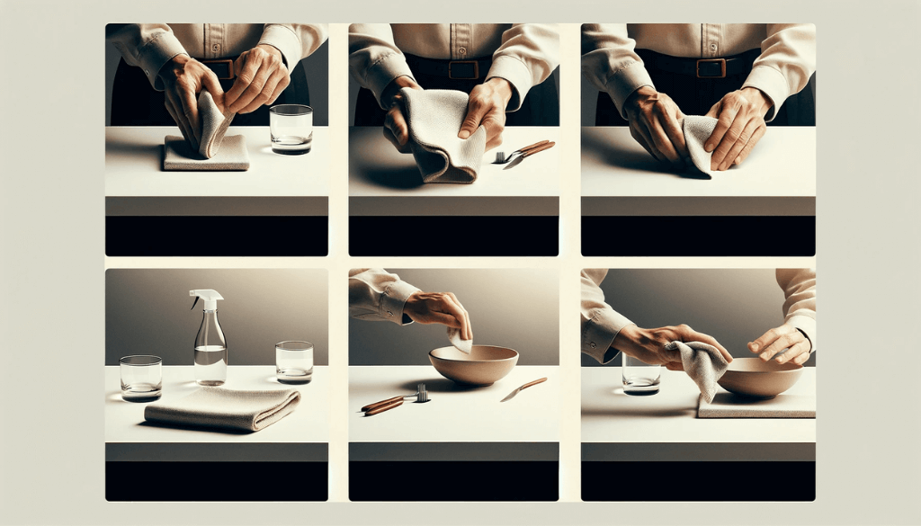 Suite de la séquence de nettoyage, montrant des mains essuyant doucement un objet avec un chiffon doux, puis l'inspectant, soulignant les techniques de nettoyage méticuleuses.