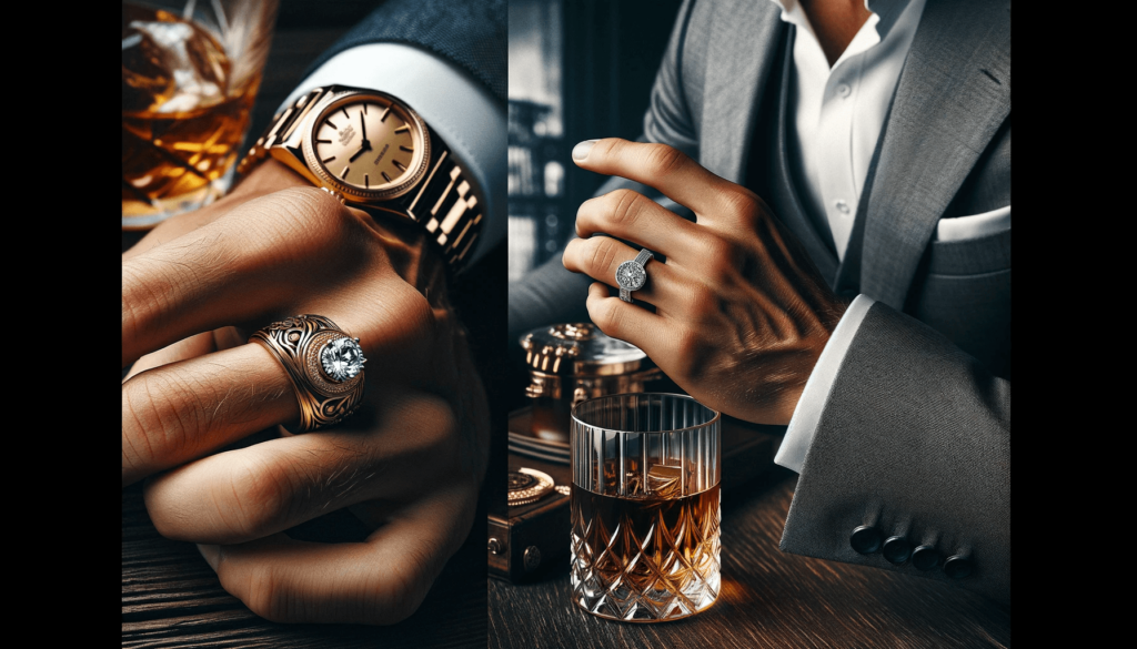 Gros plan de la main d'un homme portant une luxueuse bague en or ornée d'un gros diamant à l'auriculaire ; l'arrière-plan présente une montre haut de gamme floue et un verre de whisky.