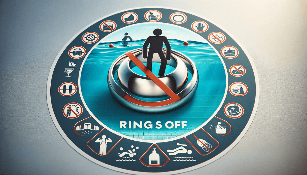 Une image grand angle montrant un symbole 'ring off' avec un graphique d'une bague barrée, entouré d'icônes pour des activités comme l'haltérophilie, la natation et la manipulation de produits chimiques.