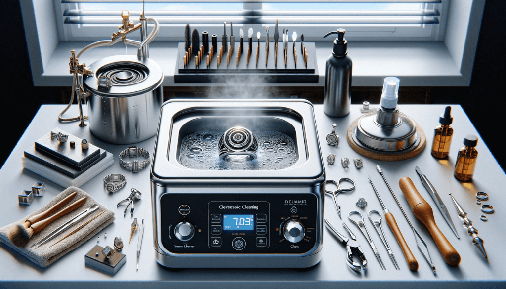 Vue grand angle d'un équipement professionnel de nettoyage de bijoux sur un établi propre, comprenant un nettoyeur à ultrasons, un nettoyeur à vapeur et des outils de polissage spécialisés pour les bagues en titane.